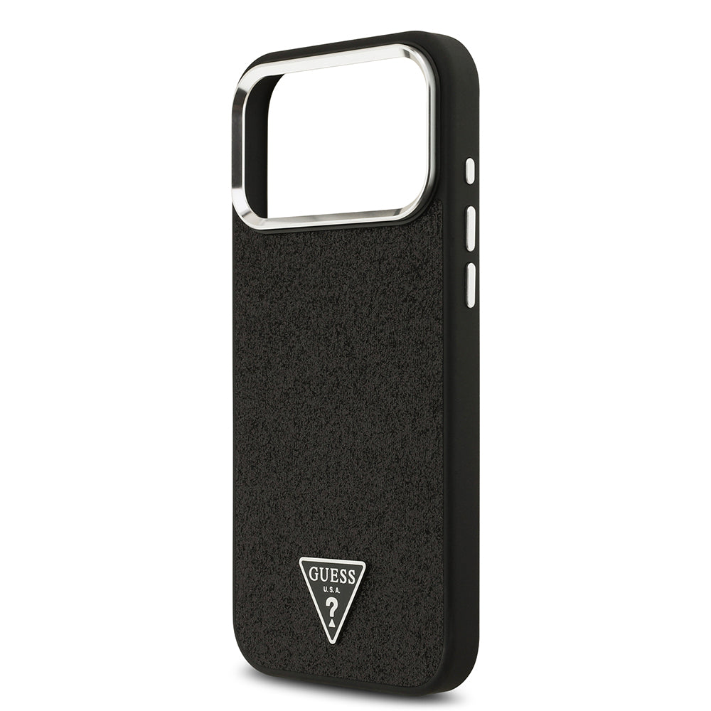 Apple iPhone 17 Pro Max Kılıf Guess Orjinal Lisanslı M-safe Şarj Özellikli Metal Kamera Çerçeveli Üçgen Logolu Glitter Kapak Siyah