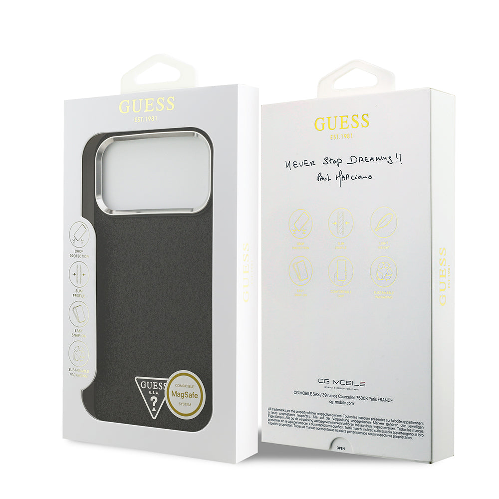 Apple iPhone 17 Pro Max Kılıf Guess Orjinal Lisanslı M-safe Şarj Özellikli Metal Kamera Çerçeveli Üçgen Logolu Glitter Kapak Siyah