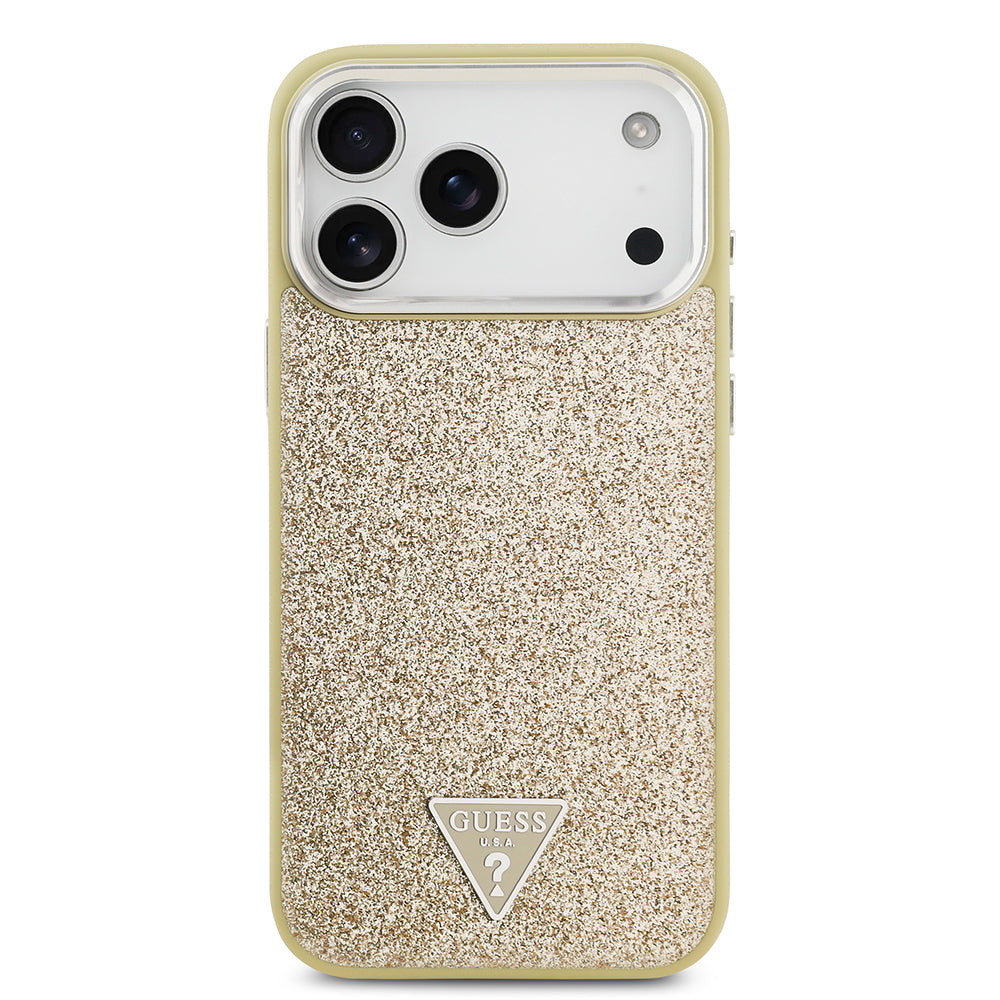 Apple iPhone 17 Pro Max Kılıf Guess Orjinal Lisanslı M-safe Şarj Özellikli Metal Kamera Çerçeveli Üçgen Logolu Glitter Kapak Gold