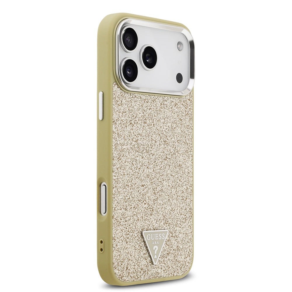 Apple iPhone 17 Pro Max Kılıf Guess Orjinal Lisanslı M-safe Şarj Özellikli Metal Kamera Çerçeveli Üçgen Logolu Glitter Kapak Gold