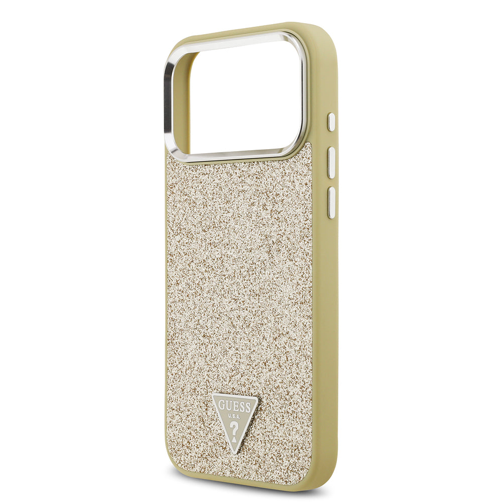 Apple iPhone 17 Pro Max Kılıf Guess Orjinal Lisanslı M-safe Şarj Özellikli Metal Kamera Çerçeveli Üçgen Logolu Glitter Kapak Gold