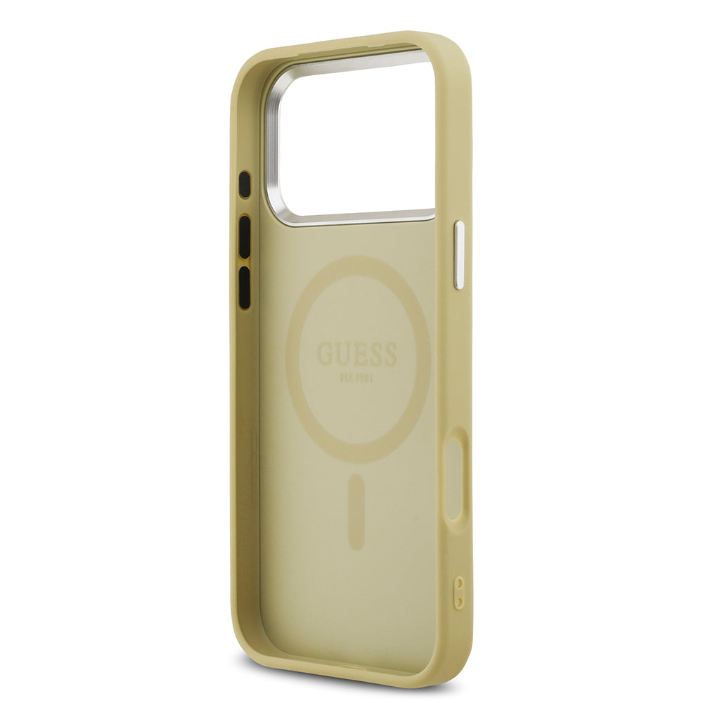 Apple iPhone 17 Pro Max Kılıf Guess Orjinal Lisanslı M-safe Şarj Özellikli Metal Kamera Çerçeveli Üçgen Logolu Glitter Kapak Gold