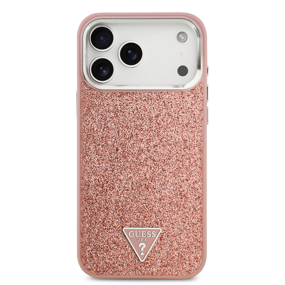 Apple iPhone 17 Pro Max Kılıf Guess Orjinal Lisanslı M-safe Şarj Özellikli Metal Kamera Çerçeveli Üçgen Logolu Glitter Kapak Pembe