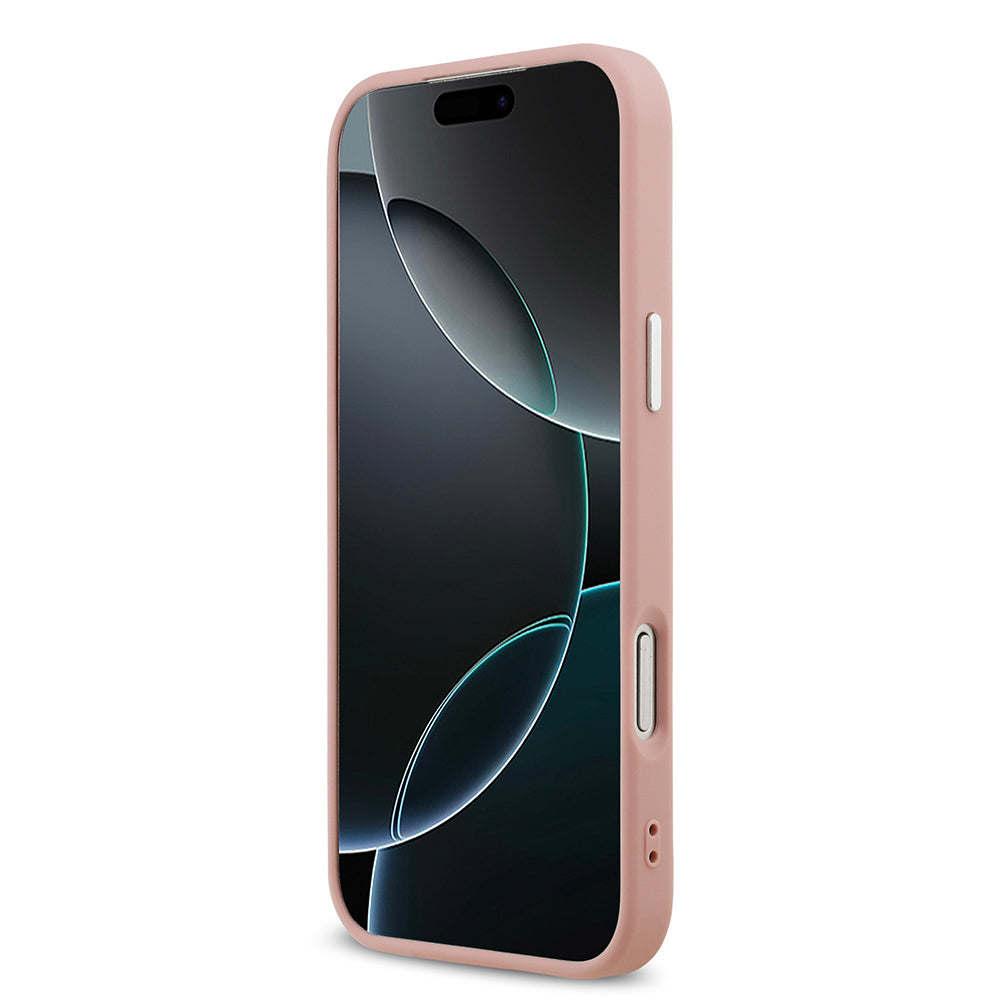 Apple iPhone 17 Pro Max Kılıf Guess Orjinal Lisanslı M-safe Şarj Özellikli Metal Kamera Çerçeveli Üçgen Logolu Glitter Kapak Pembe