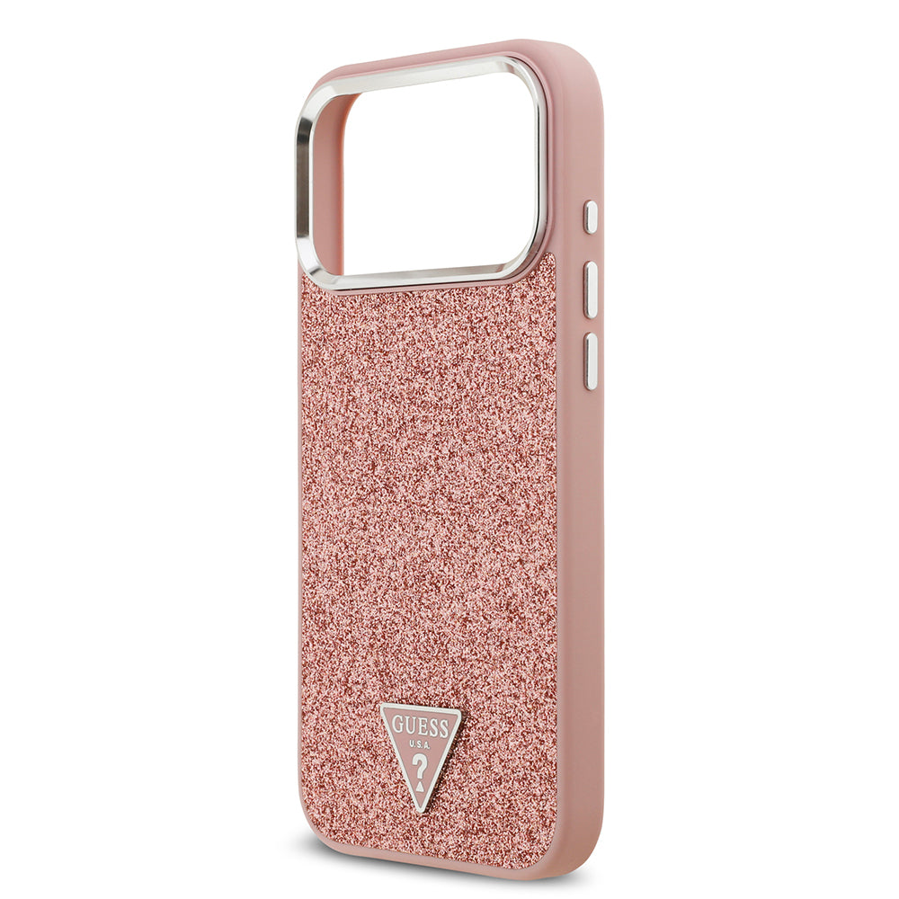 Apple iPhone 17 Pro Max Kılıf Guess Orjinal Lisanslı M-safe Şarj Özellikli Metal Kamera Çerçeveli Üçgen Logolu Glitter Kapak Pembe