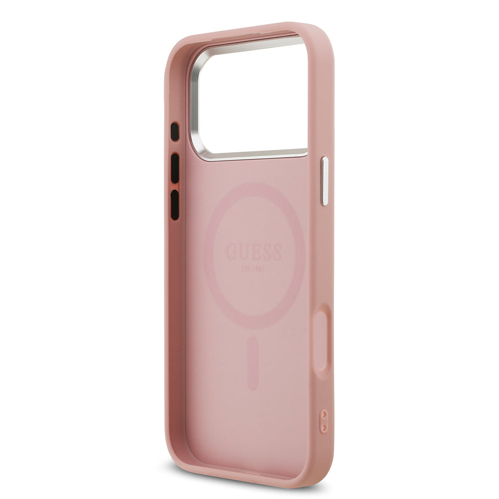 Apple iPhone 17 Pro Max Kılıf Guess Orjinal Lisanslı M-safe Şarj Özellikli Metal Kamera Çerçeveli Üçgen Logolu Glitter Kapak Pembe