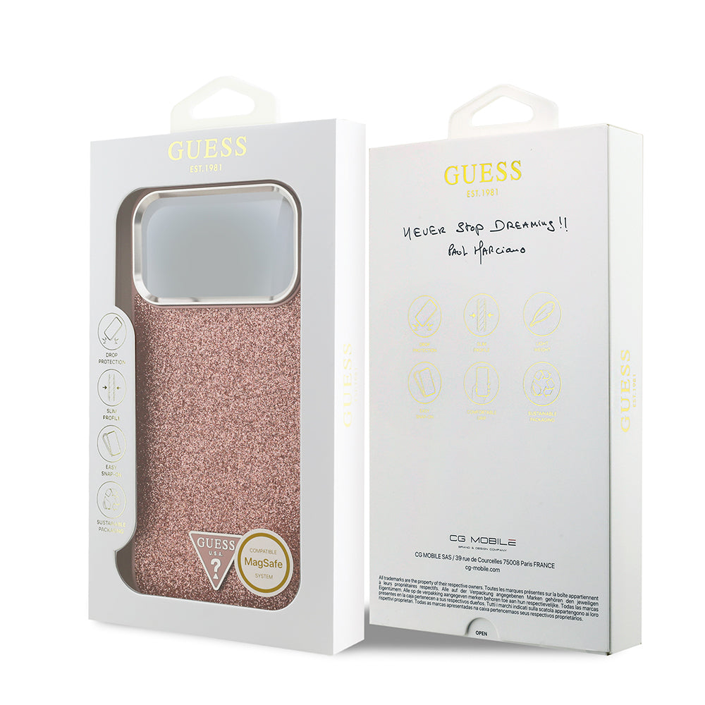 Apple iPhone 17 Pro Max Kılıf Guess Orjinal Lisanslı M-safe Şarj Özellikli Metal Kamera Çerçeveli Üçgen Logolu Glitter Kapak Pembe
