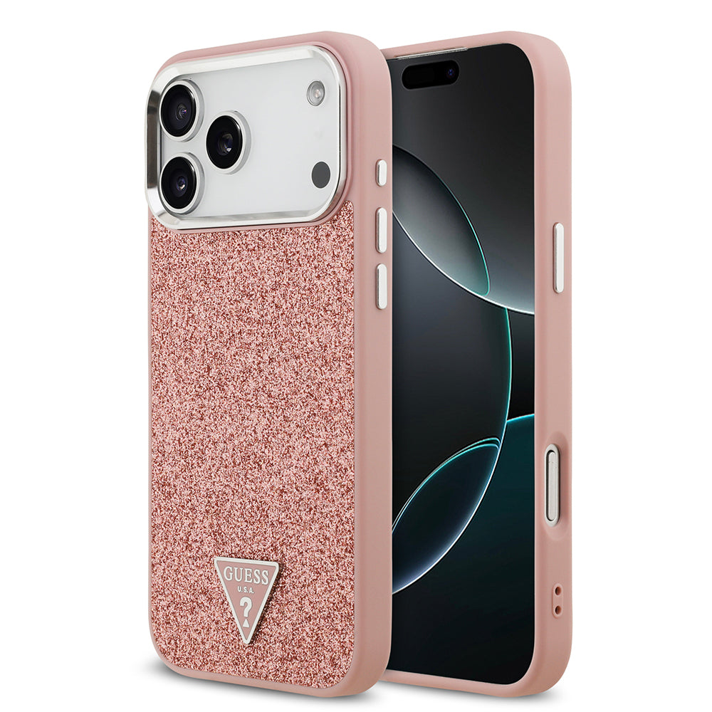 Apple iPhone 17 Pro Max Kılıf Guess Orjinal Lisanslı M-safe Şarj Özellikli Metal Kamera Çerçeveli Üçgen Logolu Glitter Kapak Pembe