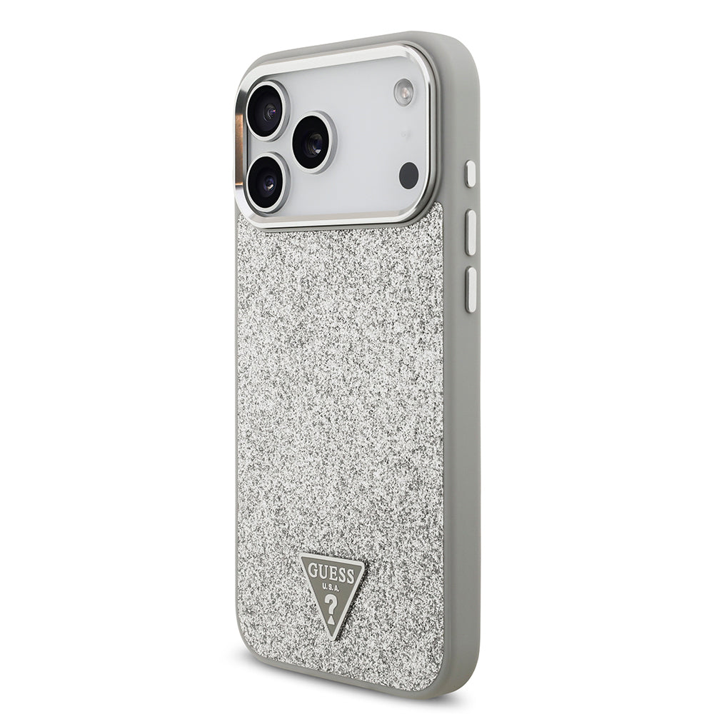 Apple iPhone 17 Pro Max Kılıf Guess Orjinal Lisanslı M-safe Şarj Özellikli Metal Kamera Çerçeveli Üçgen Logolu Glitter Kapak Gri