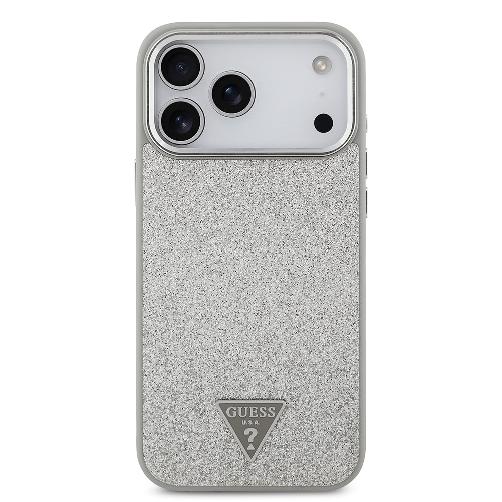 Apple iPhone 17 Pro Max Kılıf Guess Orjinal Lisanslı M-safe Şarj Özellikli Metal Kamera Çerçeveli Üçgen Logolu Glitter Kapak Gri