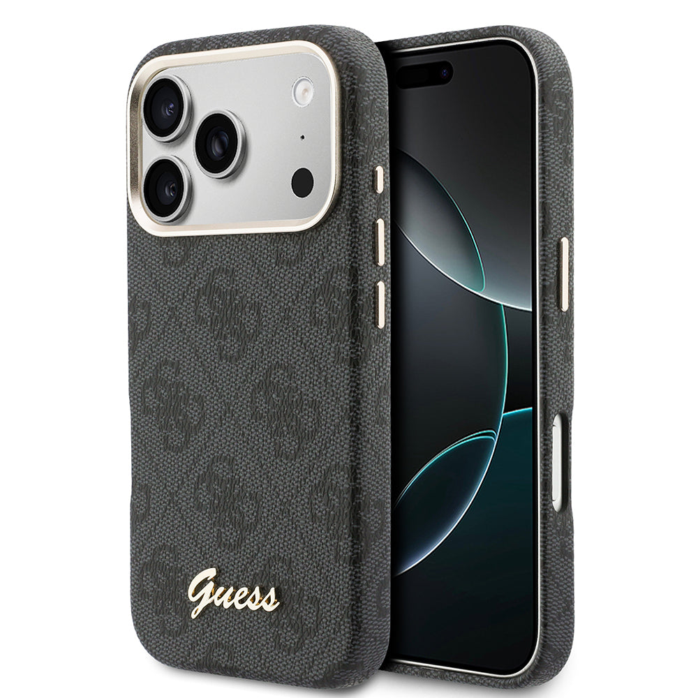 Apple iPhone 17 Pro Max Kılıf Guess Orjinal Lisanslı M-safe Şarj Özellikli Script Yazı Logolu 4G Desenli Kapak Siyah