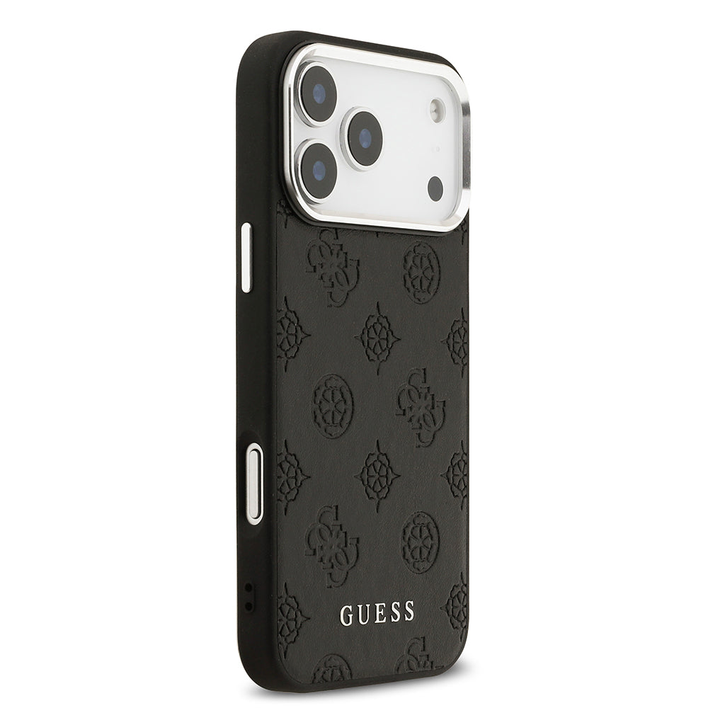 Apple iPhone 17 Pro Max Kılıf Guess Orjinal Lisanslı M-safe Şarj Özellikli Sıcak Baskılı Klasik Yazı Logolu PU Deri Peony Kapak Siyah