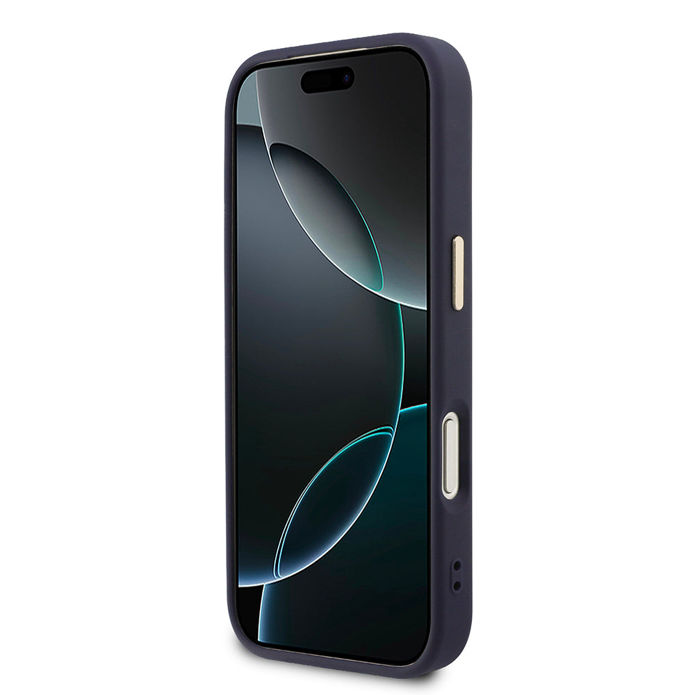 Apple iPhone 17 Pro Max Kılıf Guess Orjinal Lisanslı M-safe Şarj Özellikli Sıcak Baskılı Yazı Logolu PU Deri Peony Kapak Lacivert