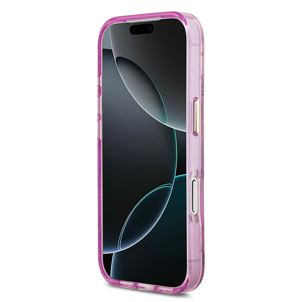Apple iPhone 17 Pro Max Kılıf Guess Orjinal Lisanslı M-safe Şarj Özellikli Simli Çiçek Desenli Metal Kamera Çerçeveli Üçgen Logolu Kapak Mor
