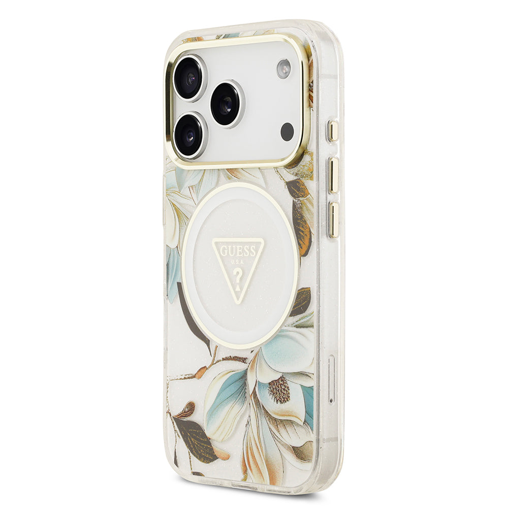 Apple iPhone 17 Pro Max Kılıf Guess Orjinal Lisanslı M-safe Şarj Özellikli Simli Çiçek Desenli Metal Kamera Çerçeveli Üçgen Logolu Kapak Beyaz