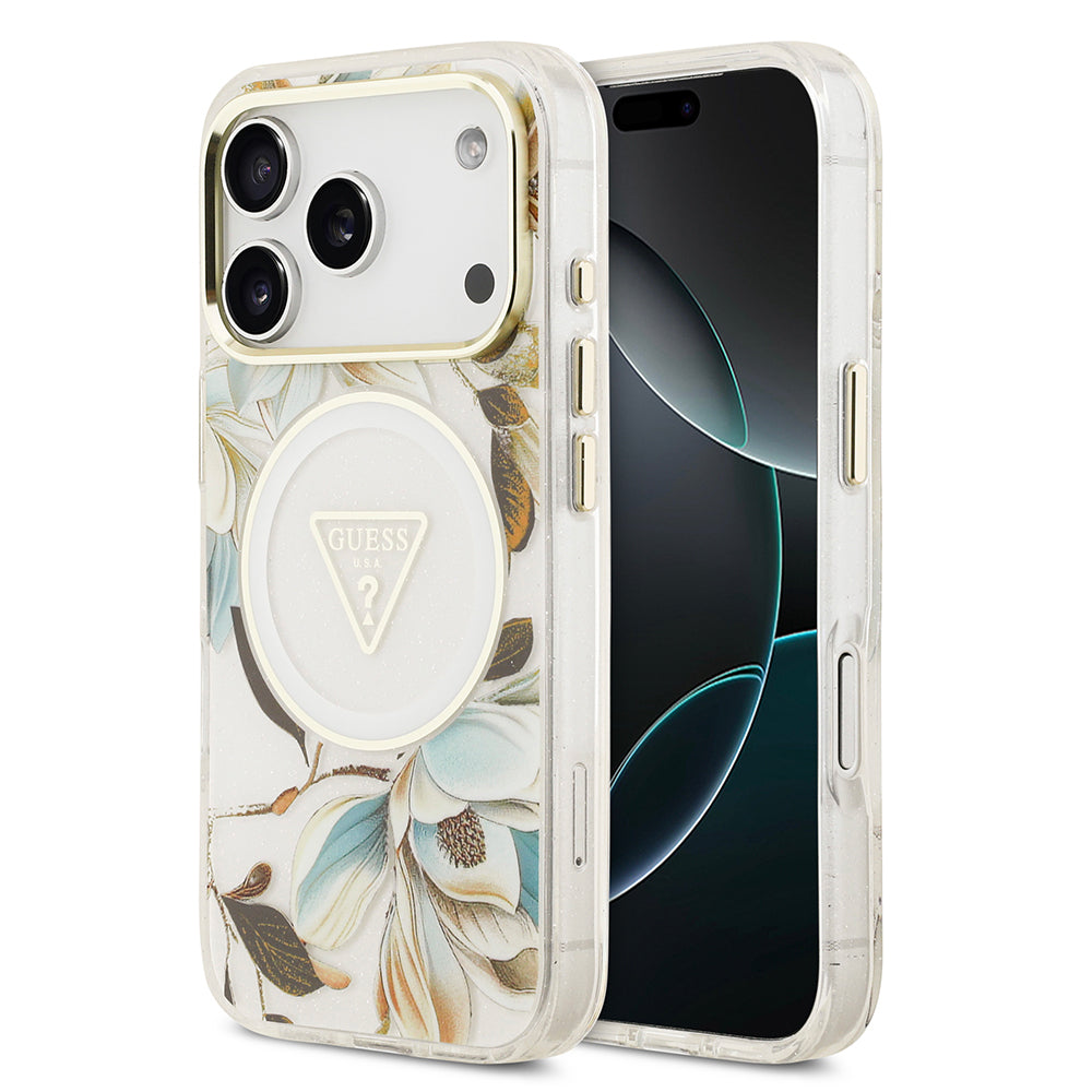 Apple iPhone 17 Pro Max Kılıf Guess Orjinal Lisanslı M-safe Şarj Özellikli Simli Çiçek Desenli Metal Kamera Çerçeveli Üçgen Logolu Kapak Beyaz