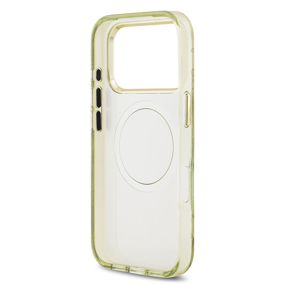 Apple iPhone 17 Pro Max Kılıf Guess Orjinal Lisanslı M-safe Şarj Özellikli Simli Çiçek Desenli Metal Kamera Çerçeveli Üçgen Logolu Kapak Yeşil