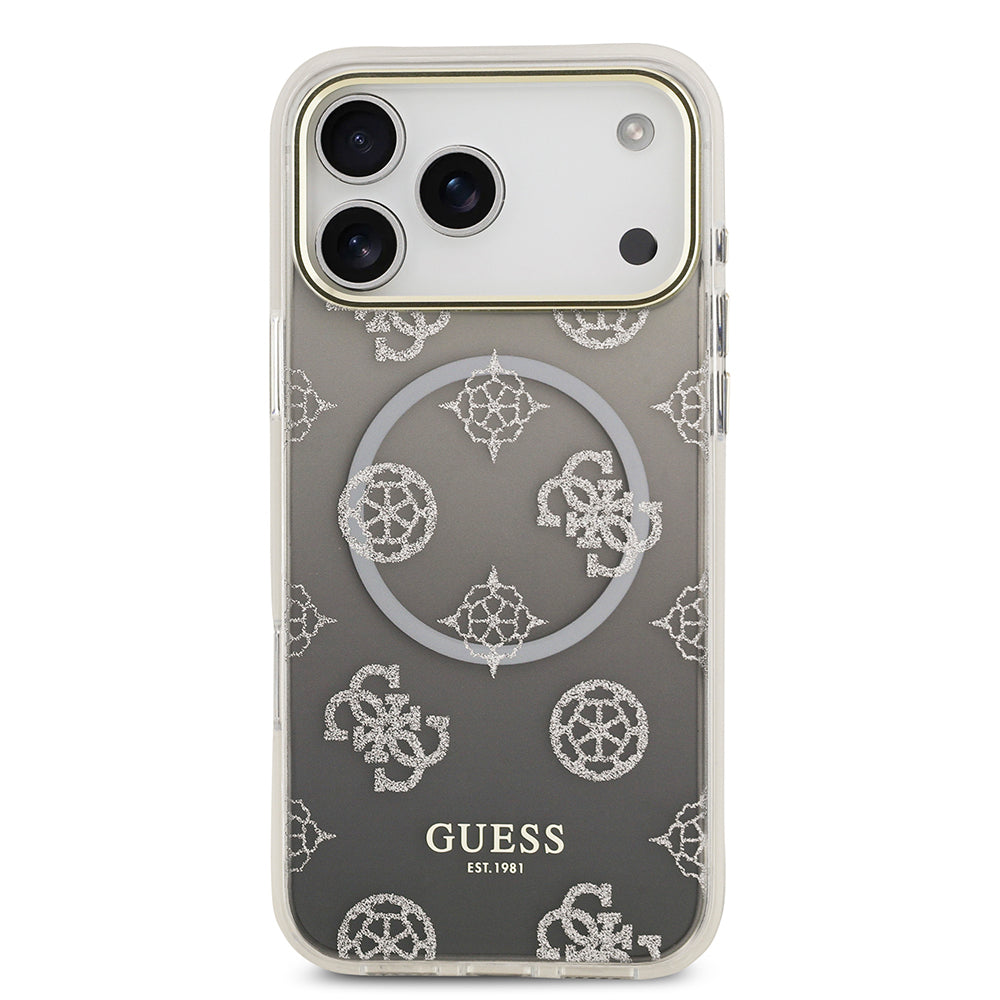 Apple iPhone 17 Pro Max Kılıf Guess Orjinal Lisanslı M-safe Şarj Özellikli Simli Peony Desenli Silikon Kapak Siyah