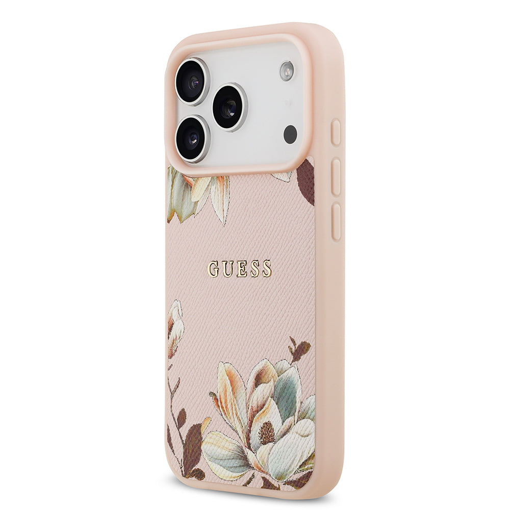 Apple iPhone 17 Pro Max Kılıf Guess Orjinal Lisanslı M-safe Şarj Özellikli Taneli Çiçek Tasarımlı Metal Yazı Logolu Kapak Pembe