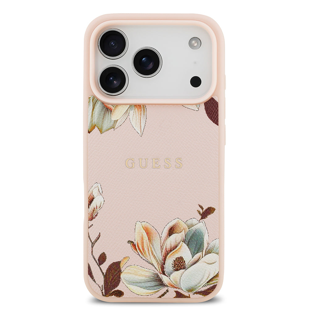Apple iPhone 17 Pro Max Kılıf Guess Orjinal Lisanslı M-safe Şarj Özellikli Taneli Çiçek Tasarımlı Metal Yazı Logolu Kapak Pembe