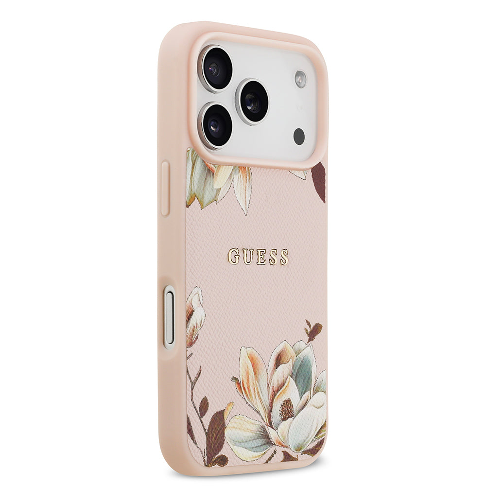 Apple iPhone 17 Pro Max Kılıf Guess Orjinal Lisanslı M-safe Şarj Özellikli Taneli Çiçek Tasarımlı Metal Yazı Logolu Kapak Pembe