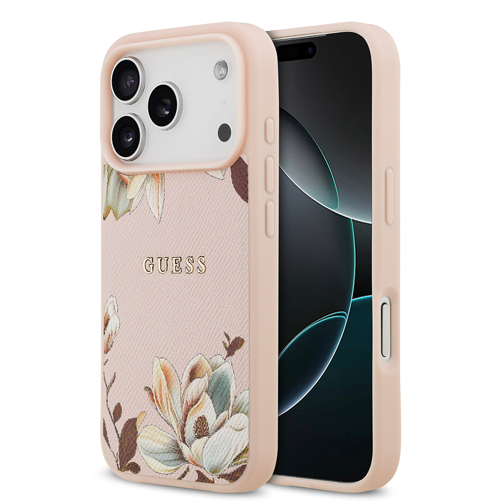 Apple iPhone 17 Pro Max Kılıf Guess Orjinal Lisanslı M-safe Şarj Özellikli Taneli Çiçek Tasarımlı Metal Yazı Logolu Kapak Pembe