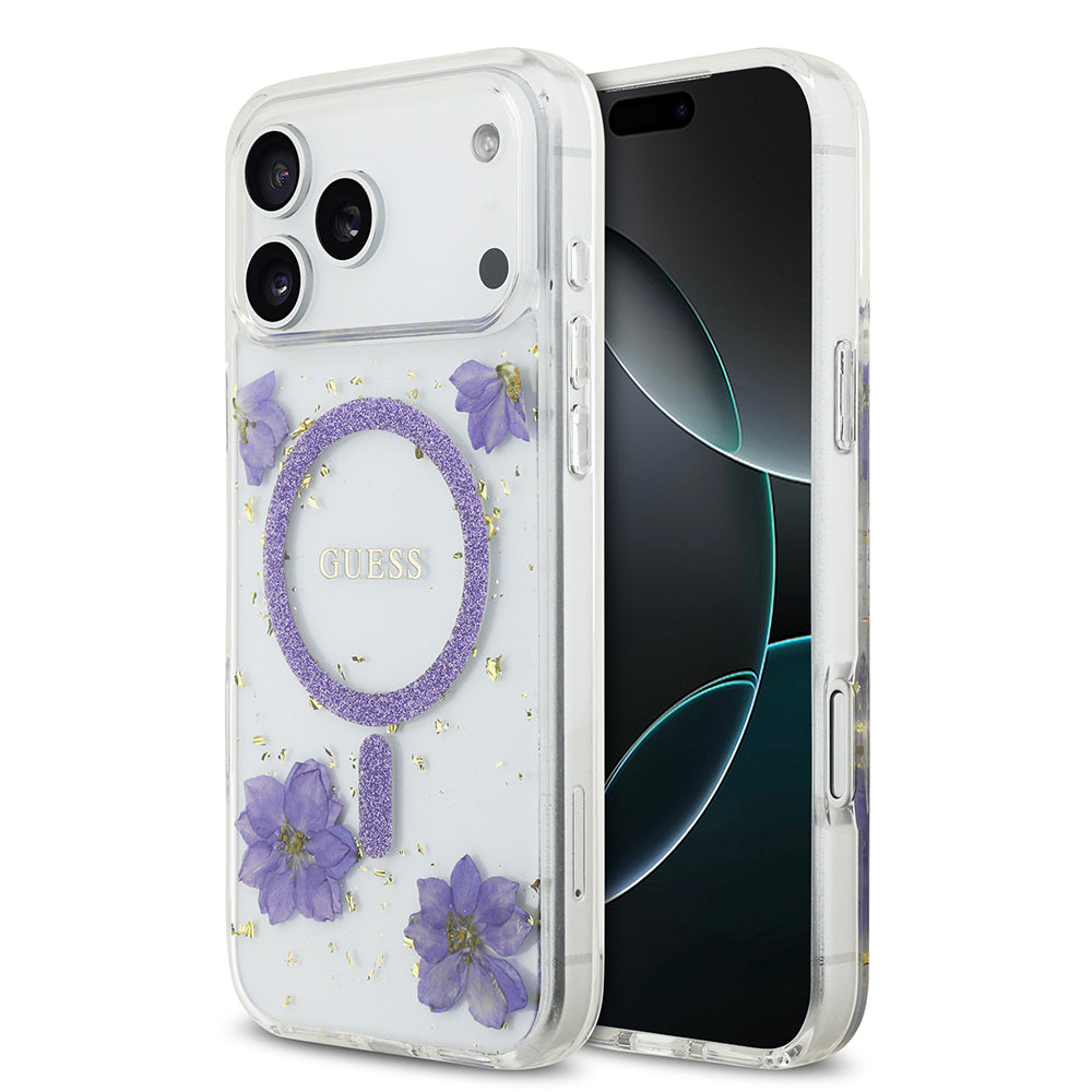 Apple iPhone 17 Pro Max Kılıf Guess Orjinal Lisanslı M-safe Şarj Özellikli Transparan Resin Flowers Kapak Mor