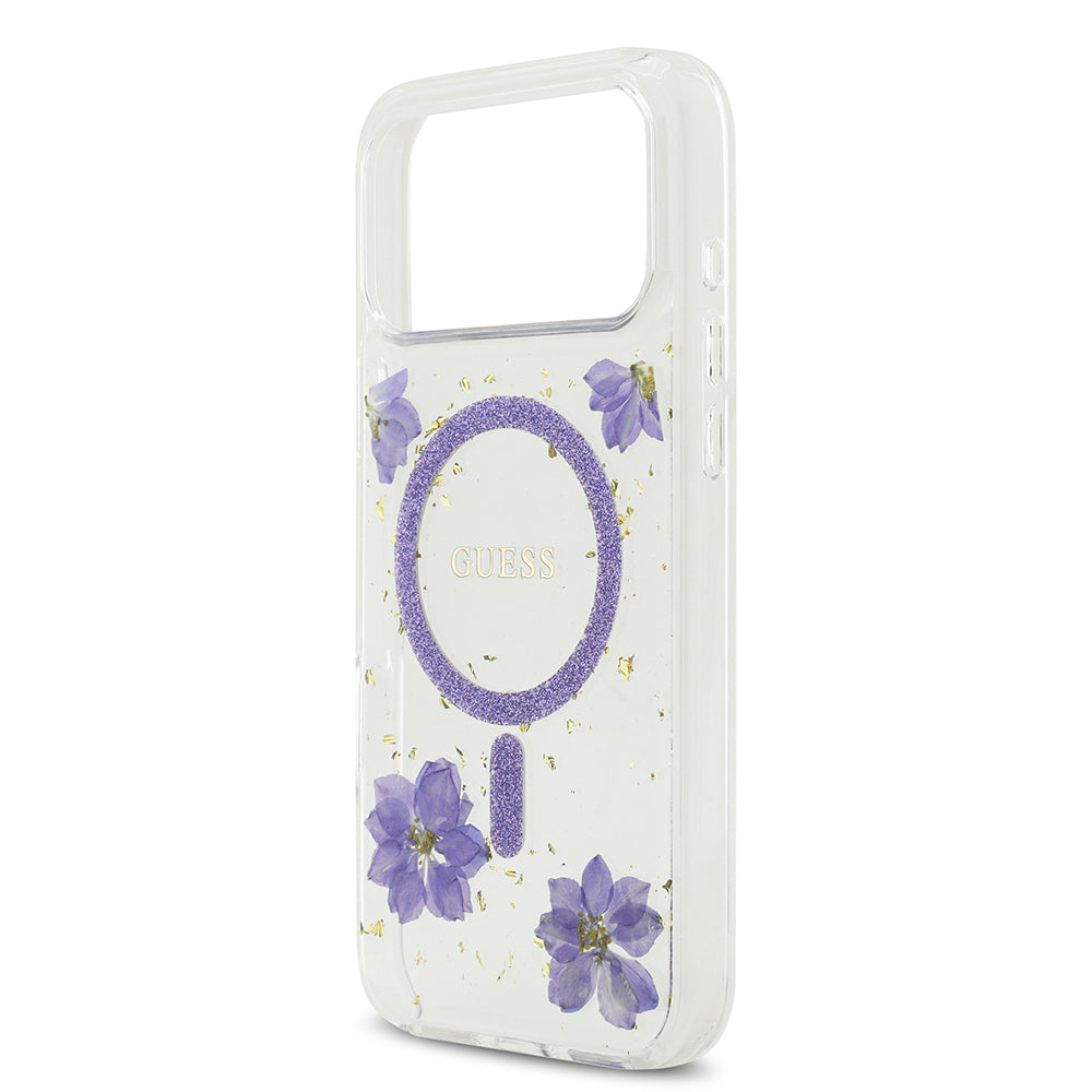 Apple iPhone 17 Pro Max Kılıf Guess Orjinal Lisanslı M-safe Şarj Özellikli Transparan Resin Flowers Kapak Mor