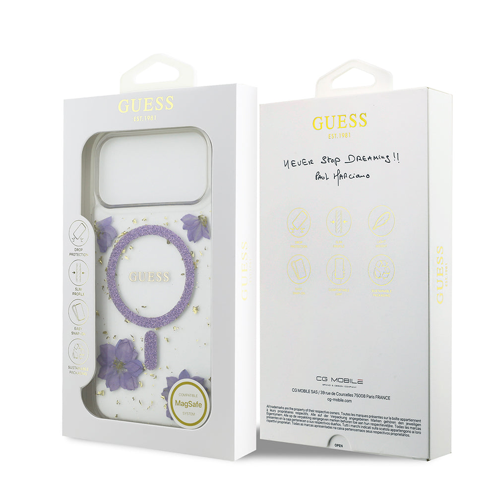 Apple iPhone 17 Pro Max Kılıf Guess Orjinal Lisanslı M-safe Şarj Özellikli Transparan Resin Flowers Kapak Mor