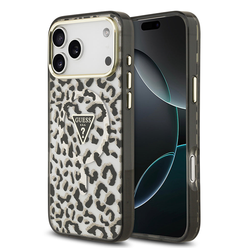 Apple iPhone 17 Pro Max Kılıf Guess Orjinal Lisanslı M-safe Şarj Özellikli Üçgen Logolu Simli Leopar Desenli Kapak Siyah