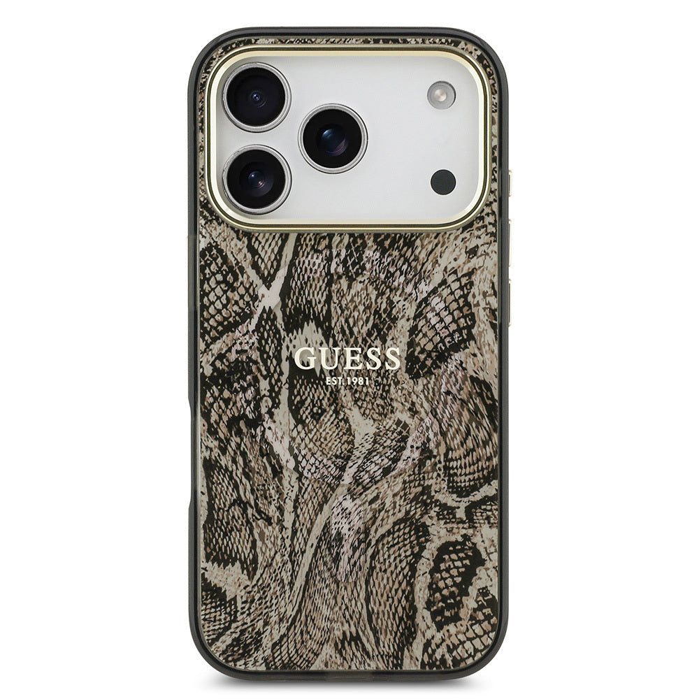 Apple iPhone 17 Pro Max Kılıf Guess Orjinal Lisanslı M-safe Şarj Özellikli Yazı Logolu Python Desenli Kapak Kahverengi