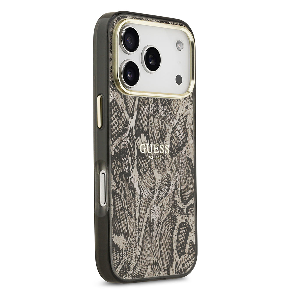 Apple iPhone 17 Pro Max Kılıf Guess Orjinal Lisanslı M-safe Şarj Özellikli Yazı Logolu Python Desenli Kapak Kahverengi