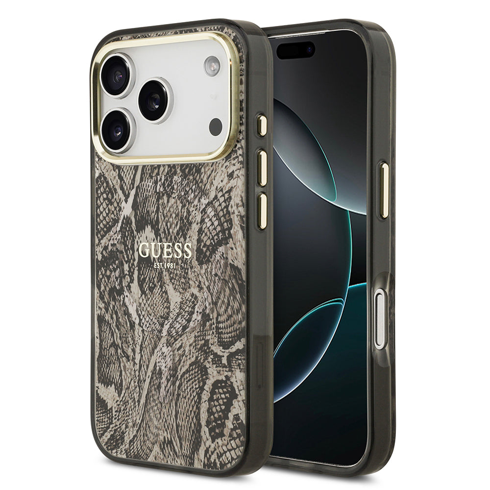 Apple iPhone 17 Pro Max Kılıf Guess Orjinal Lisanslı M-safe Şarj Özellikli Yazı Logolu Python Desenli Kapak Kahverengi