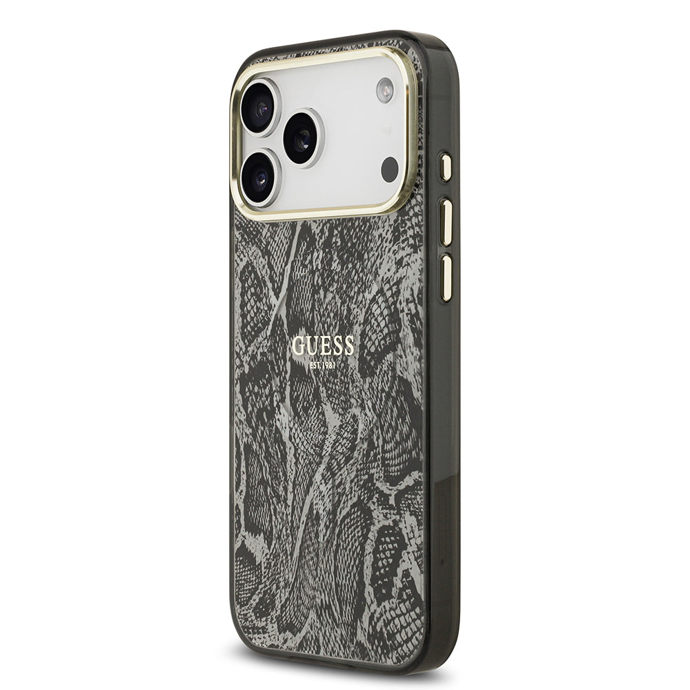 Apple iPhone 17 Pro Max Kılıf Guess Orjinal Lisanslı M-safe Şarj Özellikli Yazı Logolu Python Desenli Kapak Siyah