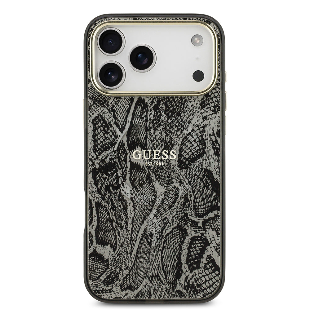Apple iPhone 17 Pro Max Kılıf Guess Orjinal Lisanslı M-safe Şarj Özellikli Yazı Logolu Python Desenli Kapak Siyah