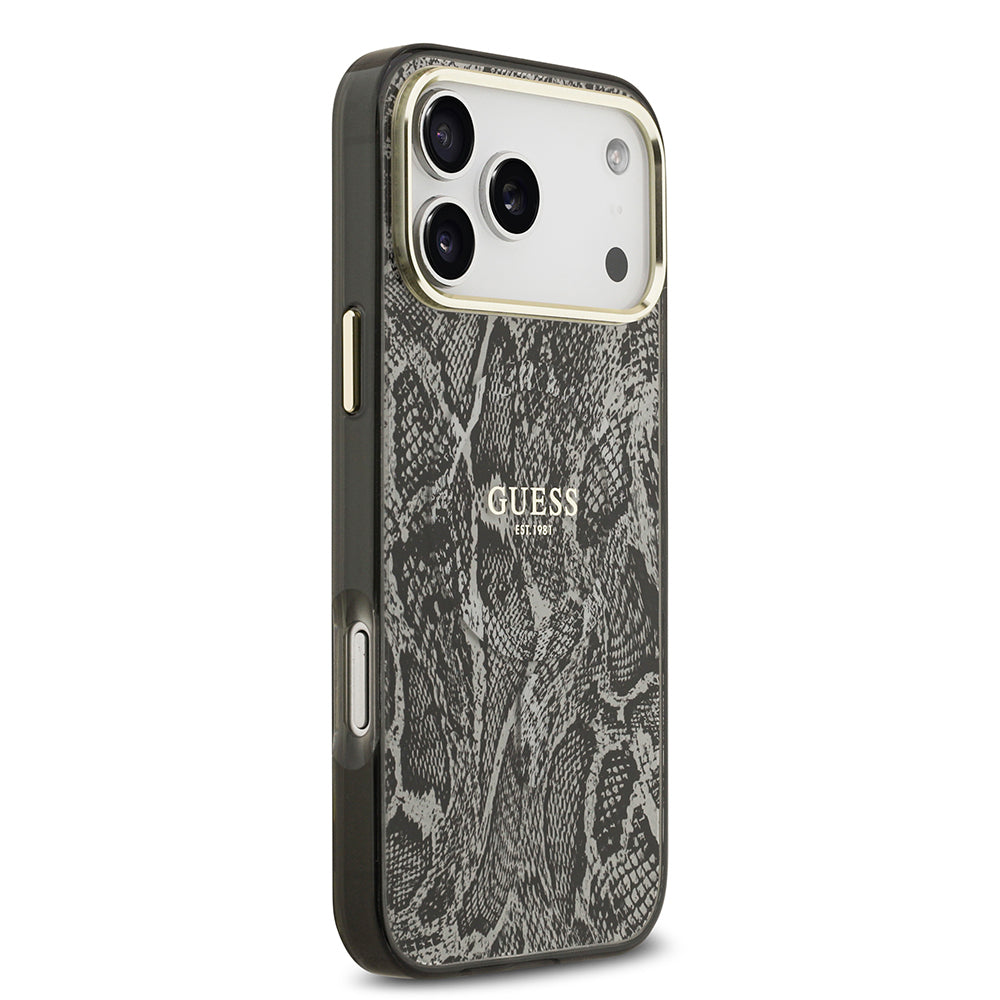 Apple iPhone 17 Pro Max Kılıf Guess Orjinal Lisanslı M-safe Şarj Özellikli Yazı Logolu Python Desenli Kapak Siyah