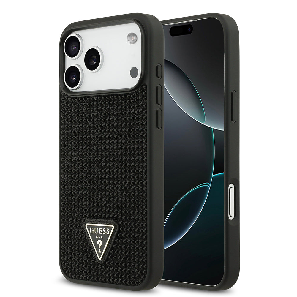 Apple iPhone 17 Pro Max Kılıf Guess Orjinal Lisanslı Taşlı Arka Yüzey Üçgen Logolu Kapak Siyah