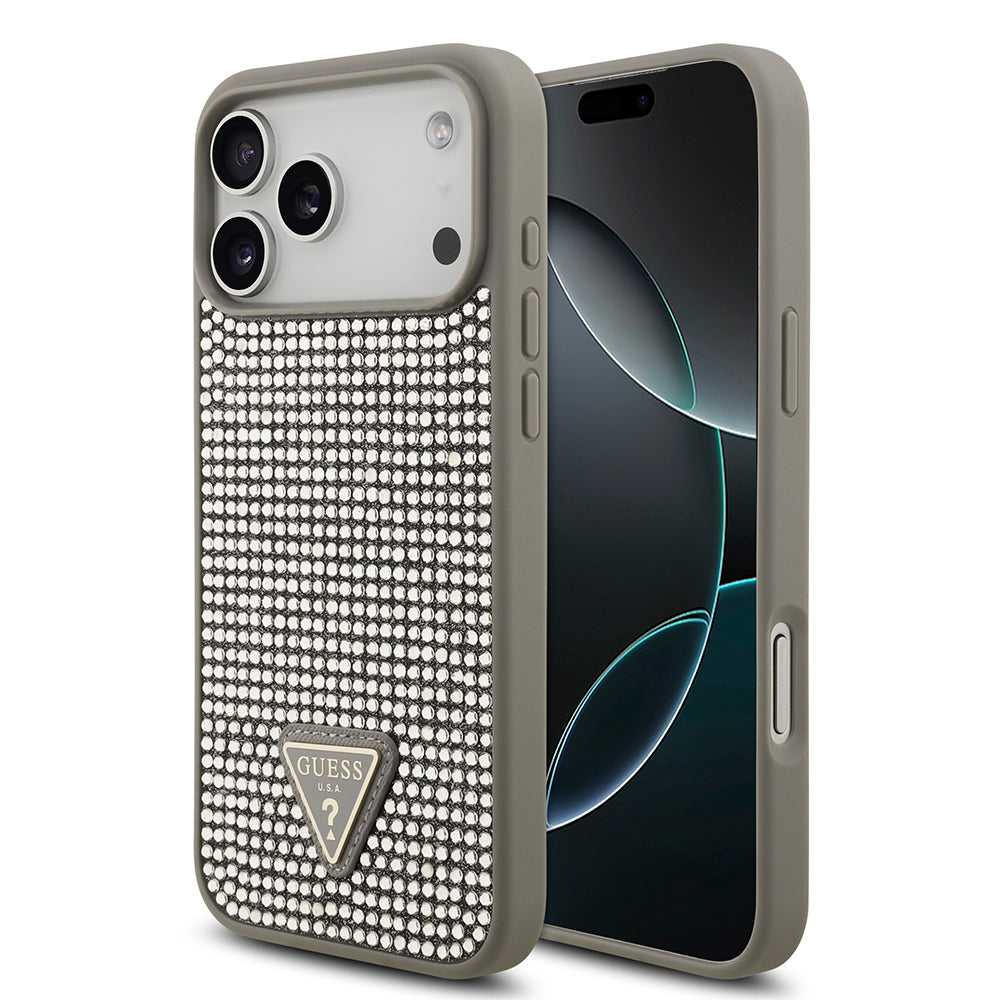 Apple iPhone 17 Pro Max Kılıf Guess Orjinal Lisanslı Taşlı Arka Yüzey Üçgen Logolu Kapak Gümüş