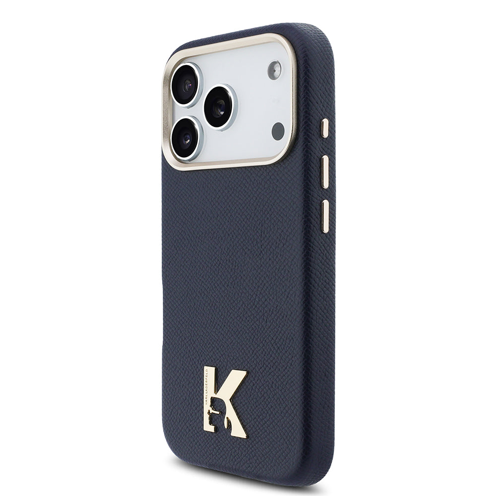 Apple iPhone 17 Pro Max Kılıf Karl Lagerfeld Orjinal Lisanslı M-safe Şarj Özellikli Gold Kamera Çerçeveli KHEAD Metal Logolu PU Deri Kapak Lacivert