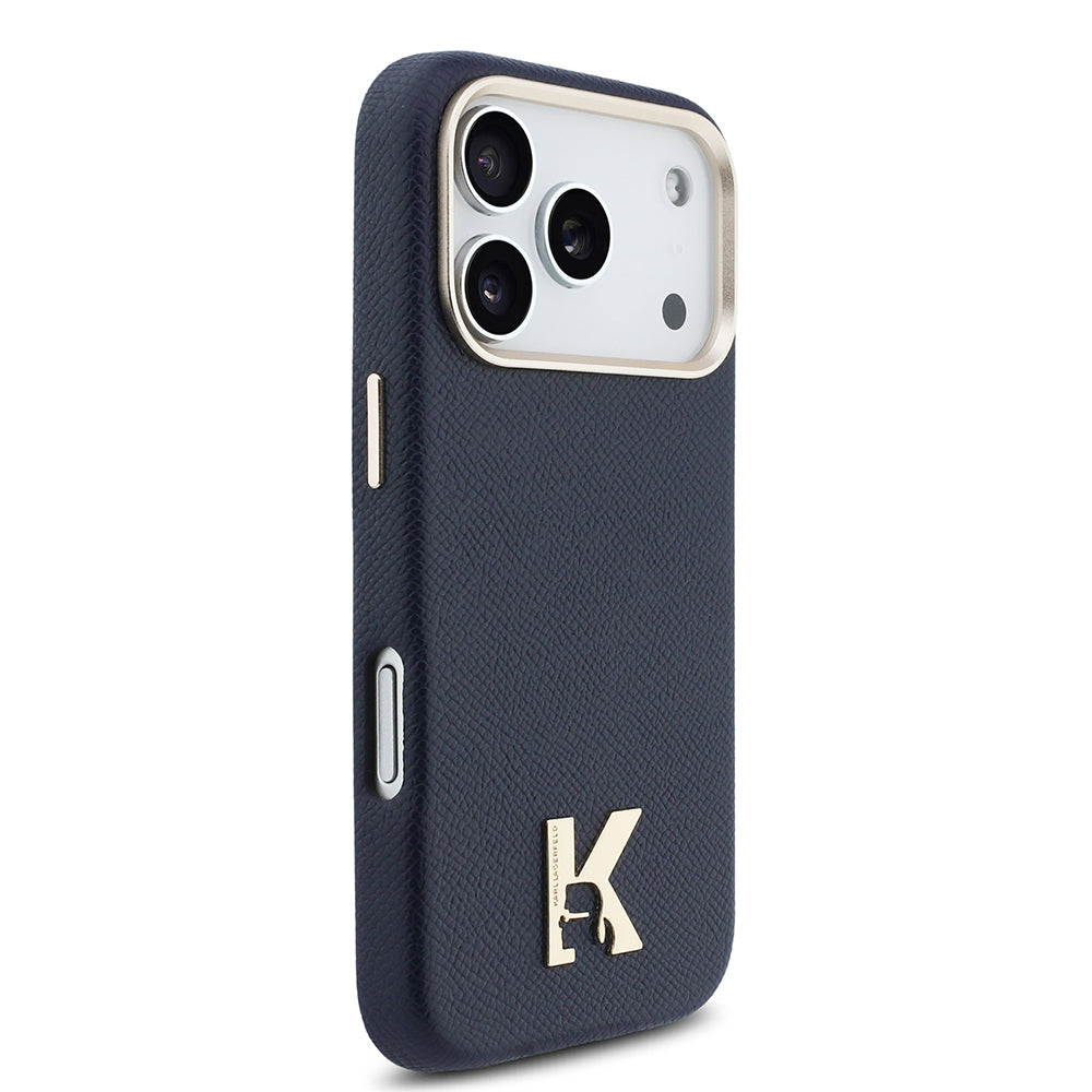 Apple iPhone 17 Pro Max Kılıf Karl Lagerfeld Orjinal Lisanslı M-safe Şarj Özellikli Gold Kamera Çerçeveli KHEAD Metal Logolu PU Deri Kapak Lacivert
