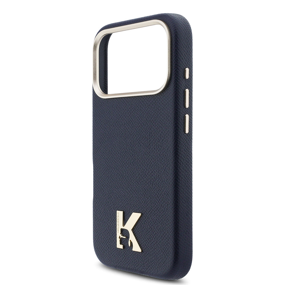 Apple iPhone 17 Pro Max Kılıf Karl Lagerfeld Orjinal Lisanslı M-safe Şarj Özellikli Gold Kamera Çerçeveli KHEAD Metal Logolu PU Deri Kapak Lacivert