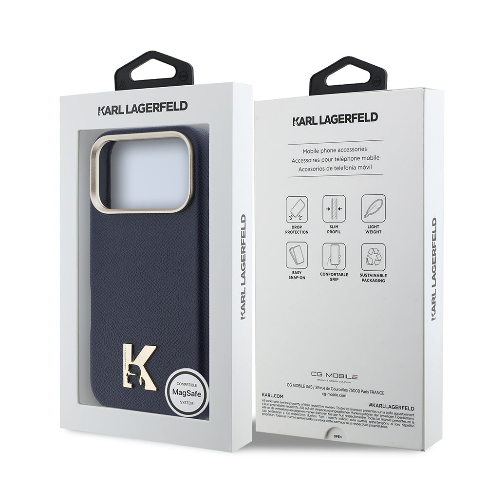 Apple iPhone 17 Pro Max Kılıf Karl Lagerfeld Orjinal Lisanslı M-safe Şarj Özellikli Gold Kamera Çerçeveli KHEAD Metal Logolu PU Deri Kapak Lacivert