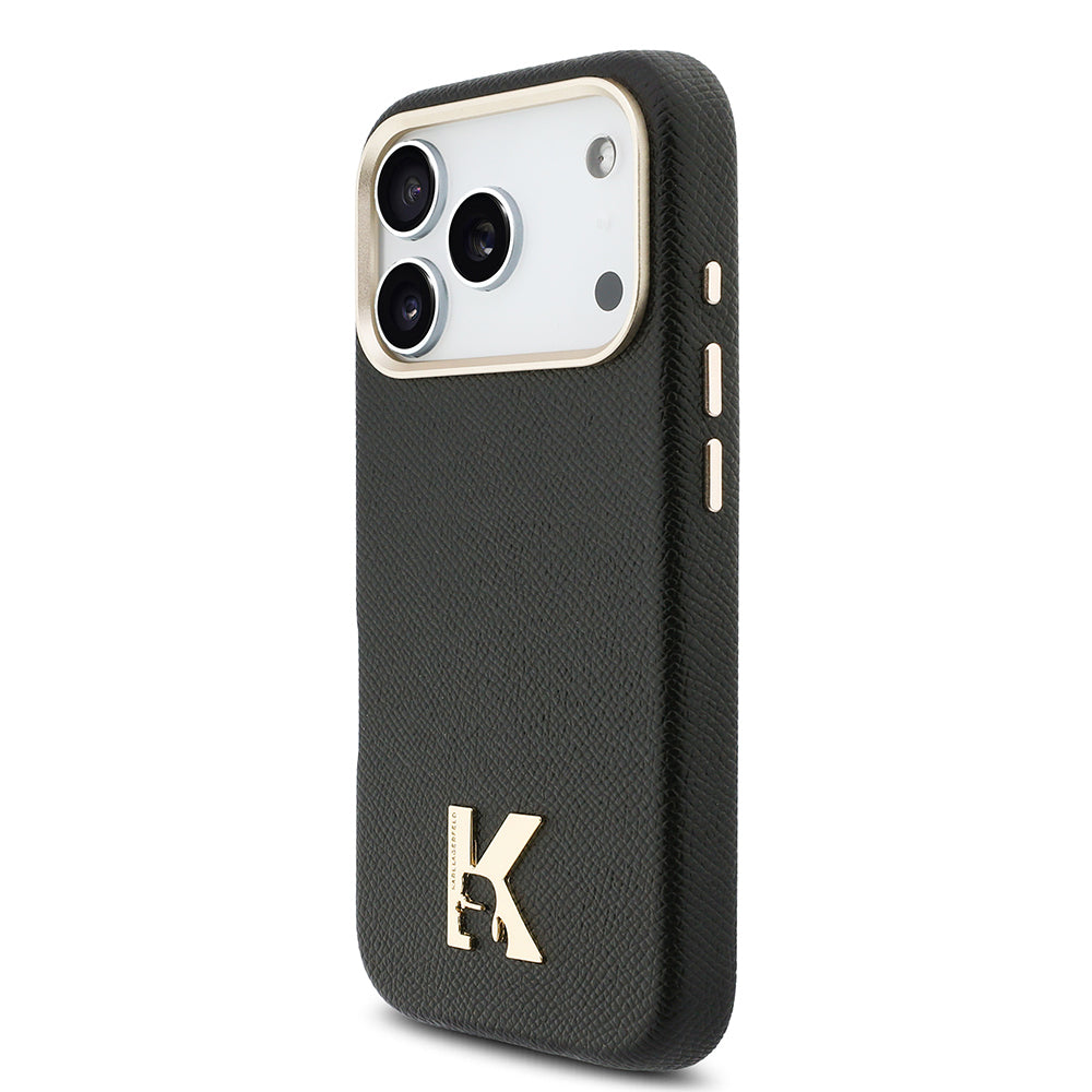 Apple iPhone 17 Pro Max Kılıf Karl Lagerfeld Orjinal Lisanslı M-safe Şarj Özellikli Gold Kamera Çerçeveli KHEAD Metal Logolu PU Deri Kapak Siyah