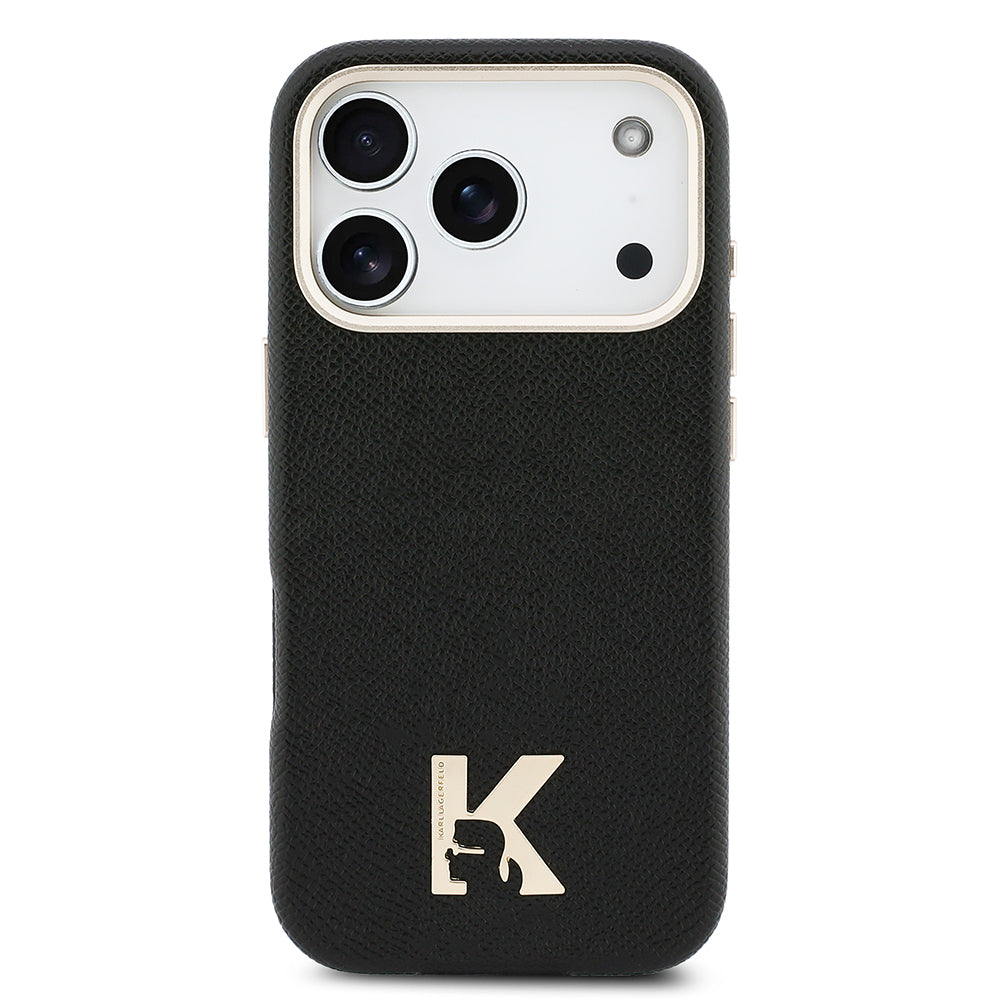 Apple iPhone 17 Pro Max Kılıf Karl Lagerfeld Orjinal Lisanslı M-safe Şarj Özellikli Gold Kamera Çerçeveli KHEAD Metal Logolu PU Deri Kapak Siyah