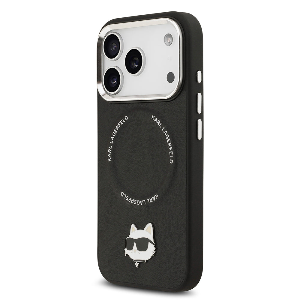 Apple iPhone 17 Pro Max Kılıf Karl Lagerfeld Orjinal Lisanslı M-safe Şarj Özellikli Metal Kamera ve Buton Tasarımlı Choupette PU Deri Kapak Siyah