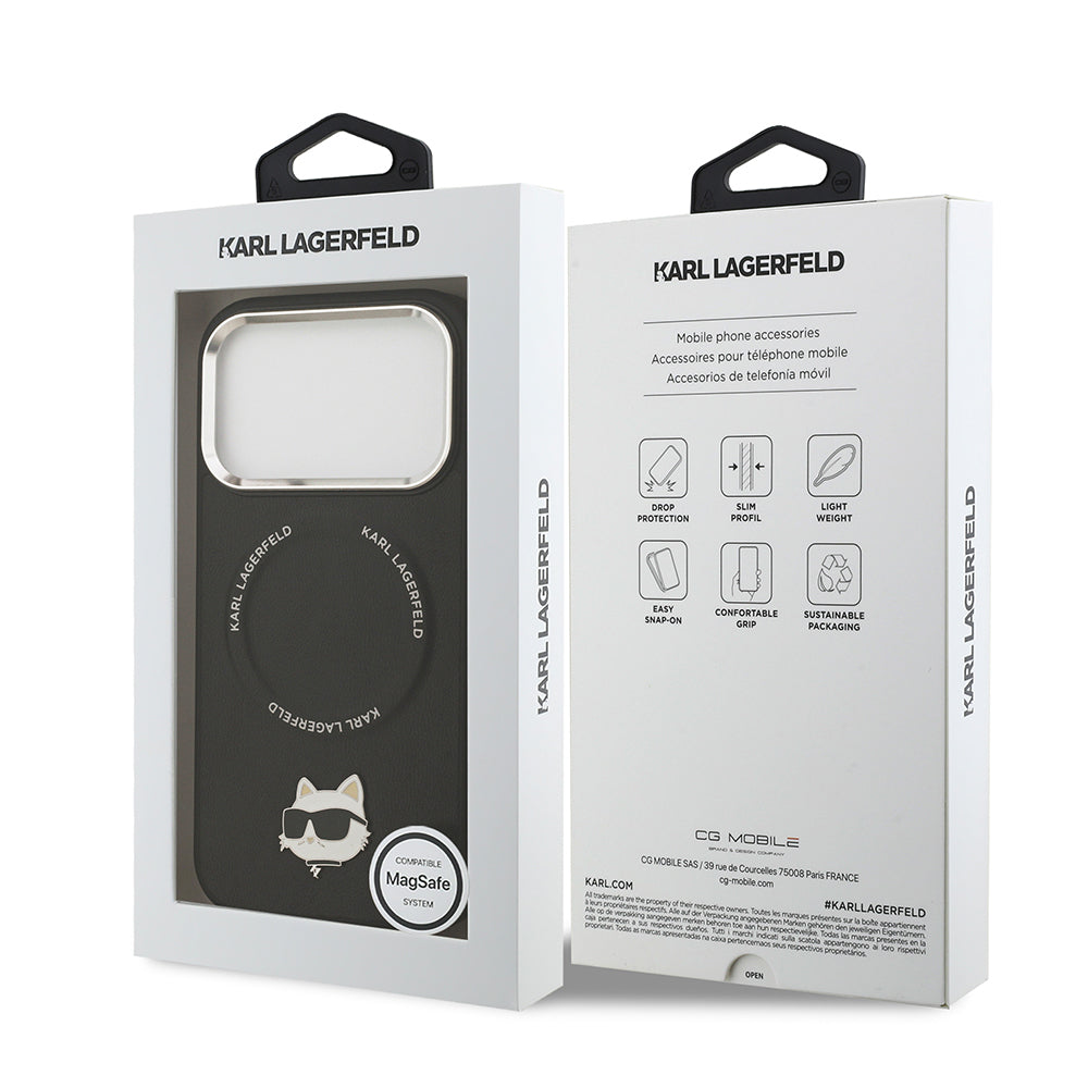 Apple iPhone 17 Pro Max Kılıf Karl Lagerfeld Orjinal Lisanslı M-safe Şarj Özellikli Metal Kamera ve Buton Tasarımlı Choupette PU Deri Kapak Siyah