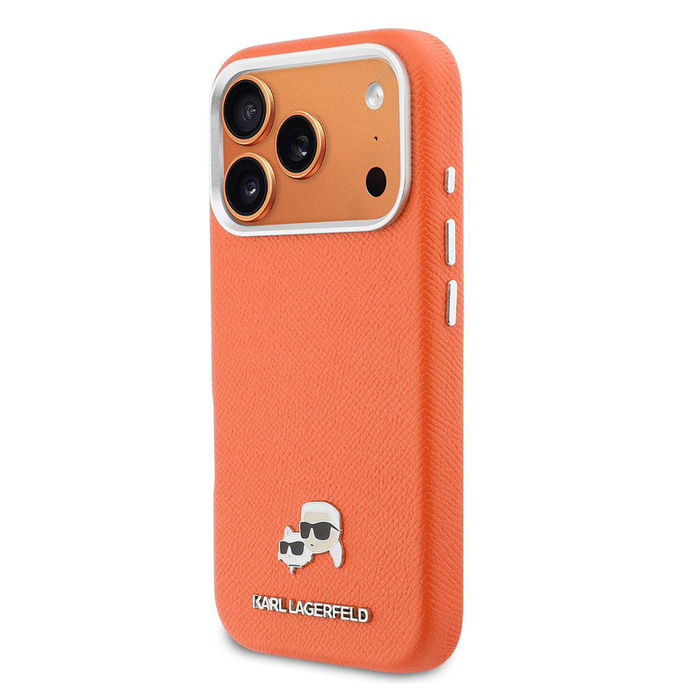 Apple iPhone 17 Pro Max Kılıf Karl Lagerfeld Orjinal Lisanslı M-safe Şarj Özellikli Metal Kamera ve Buton Tasarımlı K&C Head Logolu PU Deri Kapak Turuncu
