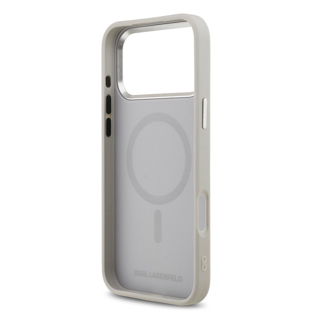 Apple iPhone 17 Pro Max Kılıf Karl Lagerfeld Orjinal Lisanslı M-safe Şarj Özellikli Metal Kamera ve Buton Tasarımlı K&C PU Deri Kapak Gri