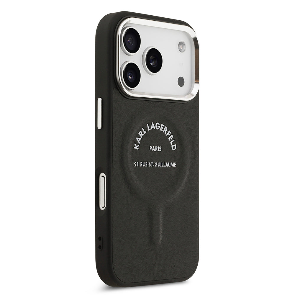 Apple iPhone 17 Pro Max Kılıf Karl Lagerfeld Orjinal Lisanslı M-safe Şarj Özellikli Metal Kamera ve Buton Tasarımlı Paris RSG PU Deri Kapak Siyah