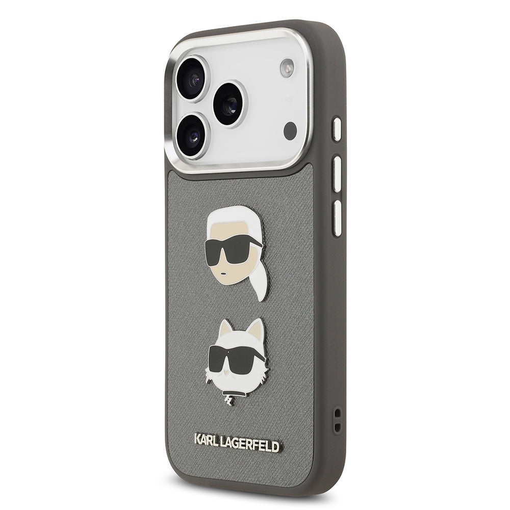 Apple iPhone 17 Pro Max Kılıf Karl Lagerfeld Orjinal Lisanslı Metal Logolu K&C Heads Pin Kapak Gri